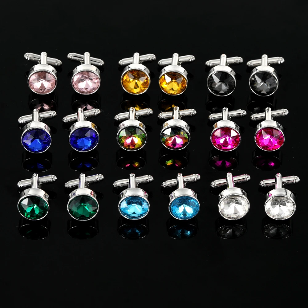 Mens 18 Colors Crystal Small Round Cufflinks Pink Green Purple Red Yellow Orange Black Blue Gray Multicolour Sleeve Button