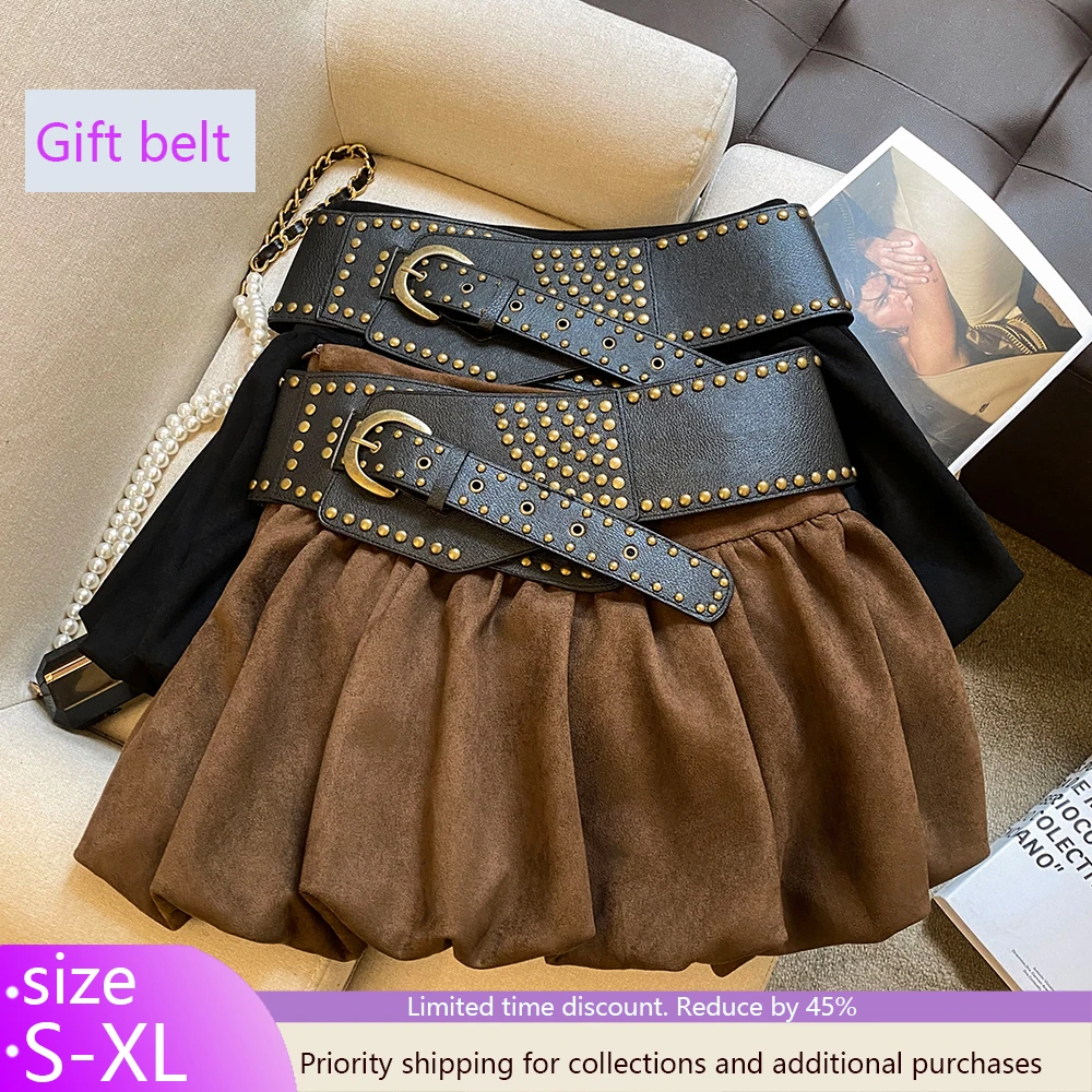 

2YK Ball Gown New Items Fashion Low Waist Fur Splicing Belt Short Skirts For Women Casual Mini A-line Skirts Female