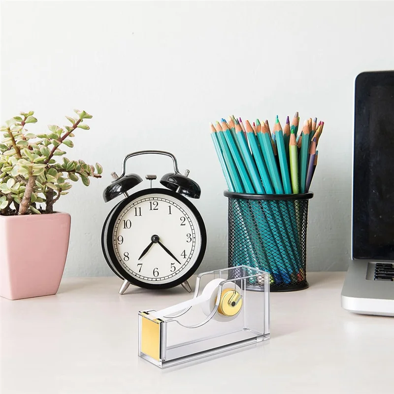 Dispensador de cinta de acrílico para oficina, dispensador de cinta dorada transparente, soporte de cinta, dispensador de cinta de embalaje fácil de usar, 2 piezas