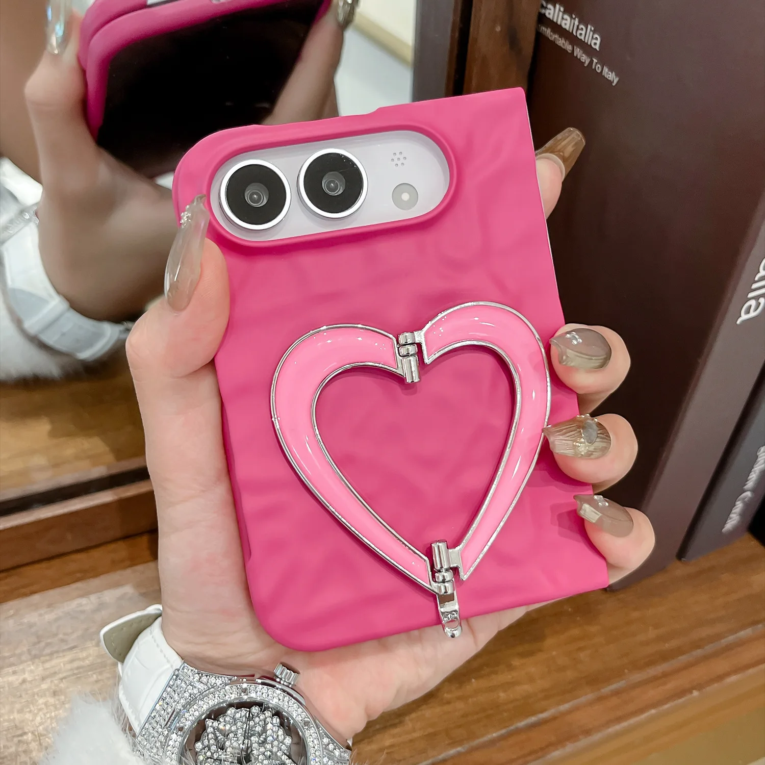 Skin Rose Red Love Bracket Bracelet Phone Cover for IPhone Duo Armor Folding Case Love Bracelet with Lanyard Kicksta
