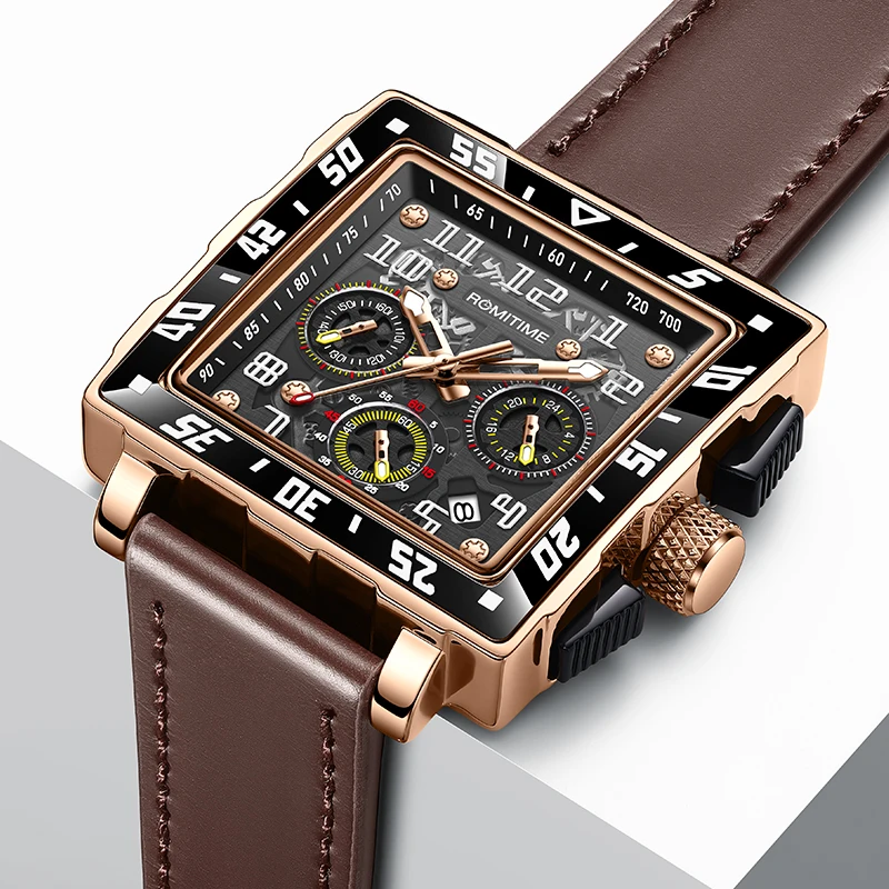 ROMITIME クォーツメンズ腕時計スタイリッシュなスクエアダイヤル発光防水カレンダークロノグラフ高級ファッションカジュアル腕時計男性用