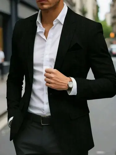 Imagen 2 del producto Traje ajustado de otoño e invierno para hombre, traje con bolsillo abatible de Color sólido en el pecho con bolsillo falso, traje con cuello de pistola de estilo informal