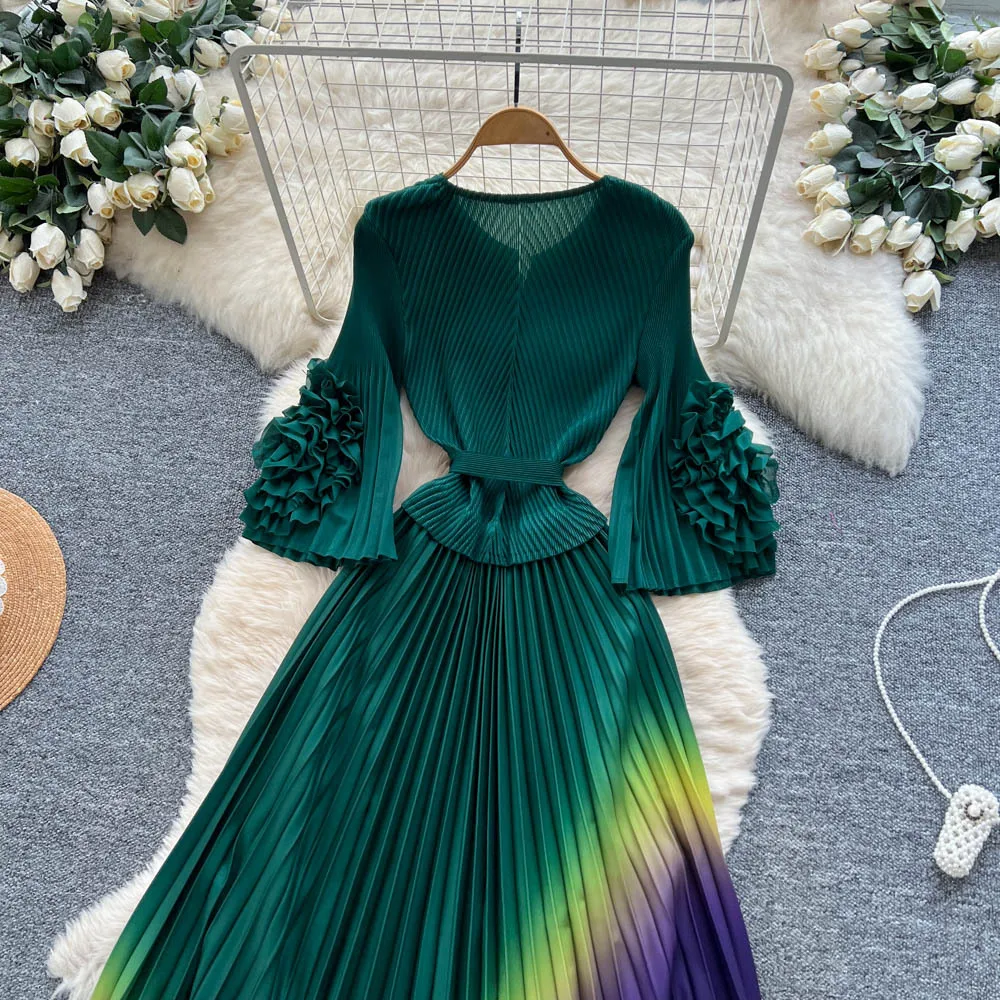 فساتين نسائية مطوي فستان متدرج كم طويل ياقة مستديرة ثلاثية الأبعاد زهرة طول الكاحل دانتيل فضفاض أنيق غير رسمي 2025 خريف شتاء #6