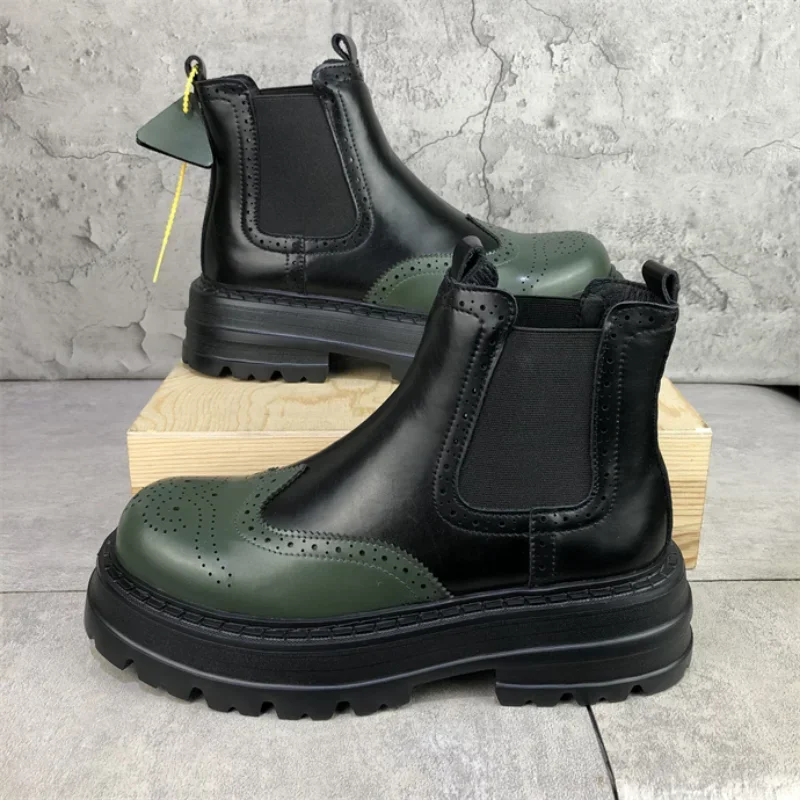 Nowe modne męskie buty Patchwork modne skórzane botki na co dzień Street Youth Chelsea Boots grube dno buty motocyklowe