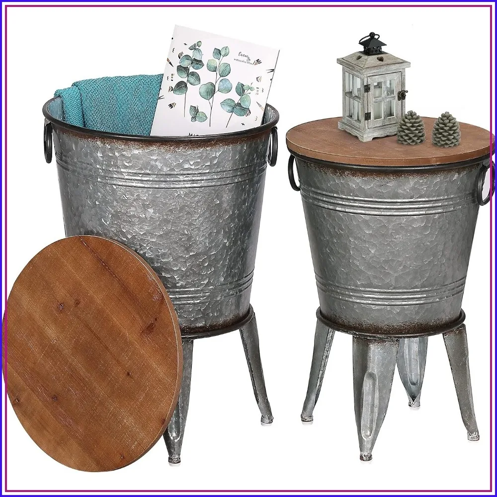 Farmhouse Side Tables Set of 2, Galvanized Metal Bucket End Table for Living Room