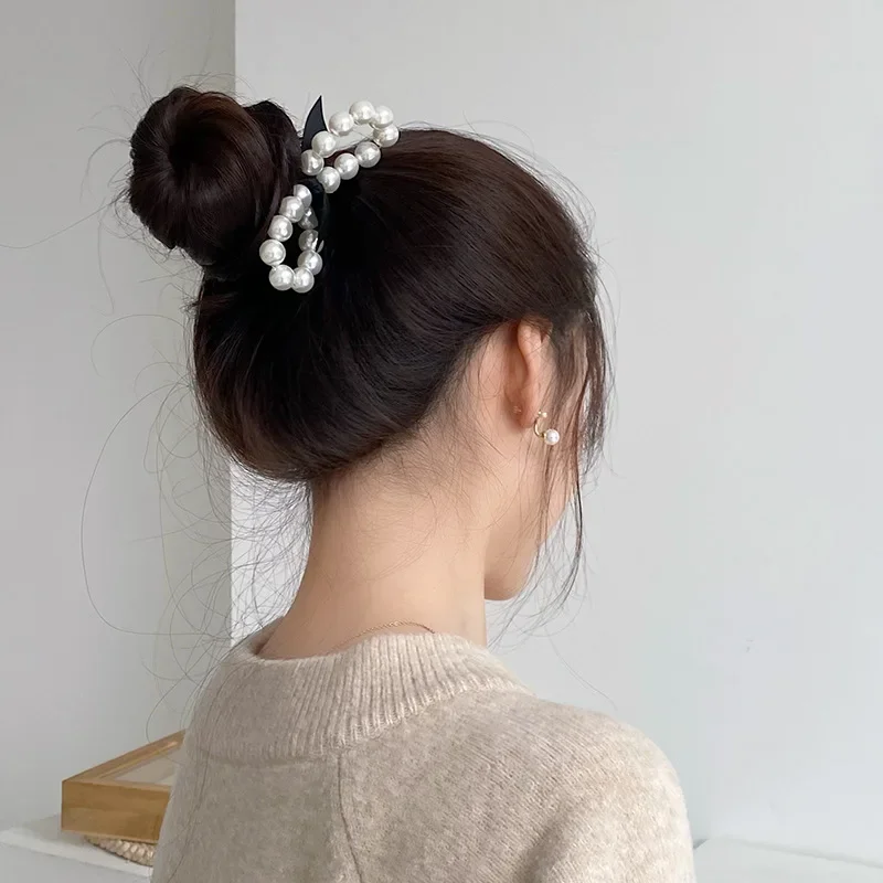 Korean version of Dongdaemun fashion temperament girl pearl bow small fragrance wind balls head rope hair rope ponytail  ring