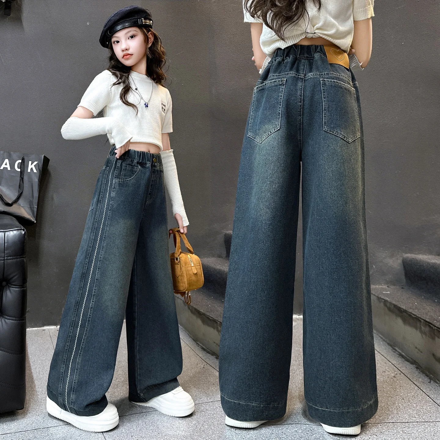 بنات موضة جينز 2025 ربيع الخريف نمط جديد متوسط كبير للأطفال مستقيم فضفاض واسعة الساق الدنيم السراويل العصرية الاطفال الملابس