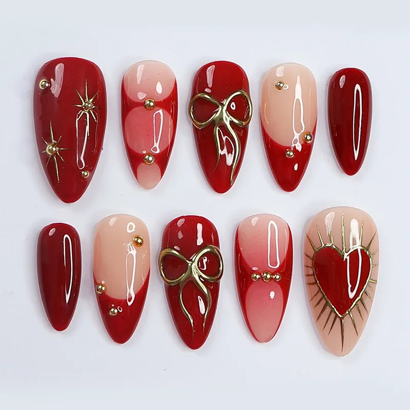 

24Pcs Mid-length Almond Press on Fake Nails Red French Full Cover Nails Tips Art with Bow Love Heart Design Reusable False Nails