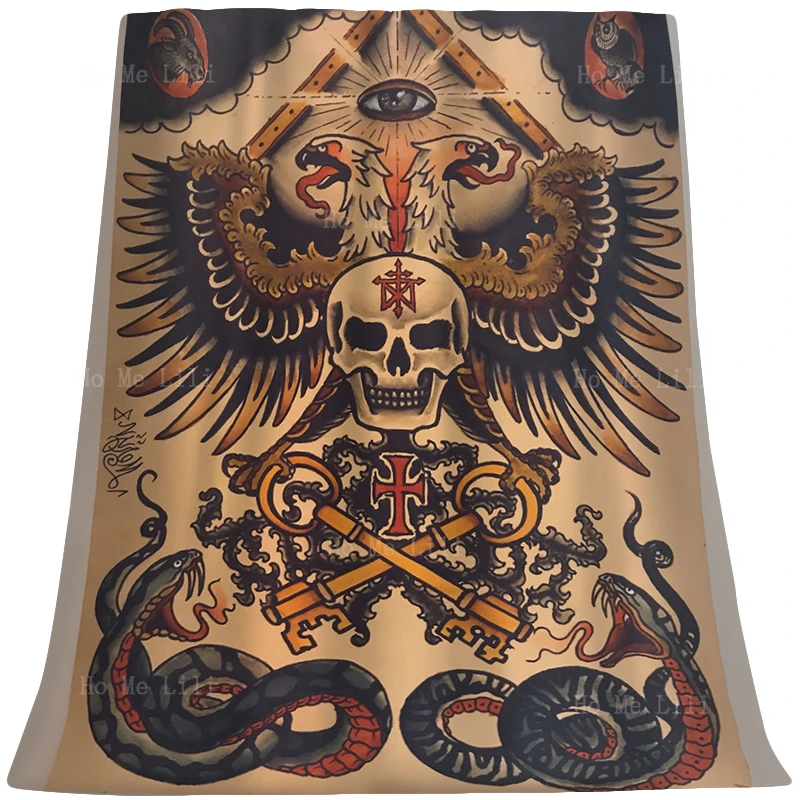 Traditional Sailor Tattoo Skull Cross Key Eagle Snake Horror Retro Style Dinosaur Extinction Period Adams Family Flannel Blanket