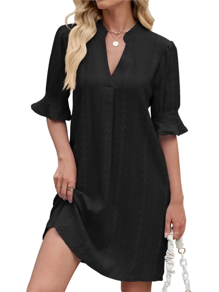 Vestidos para mujer Color sólido cinco puntos media manga cuello en V vestido suelto agradable a la piel vacaciones estilo playero vestido veraniego bata para mujer