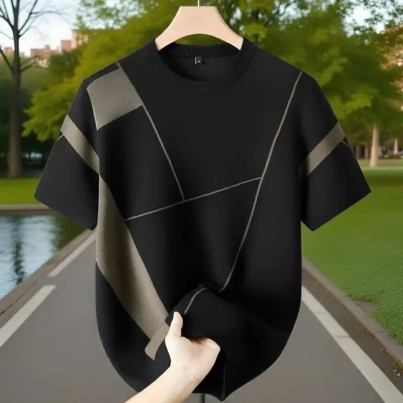 Modern Geometric Knit T-Shirt For Men Casual Daily Wear Soft Comfortable Short Sleeve Round Neck Design - Detail 1