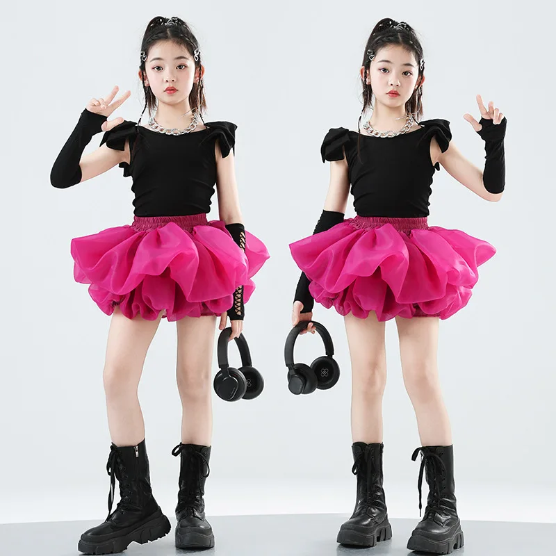 

Летний наряд для джазовых танцев, одежда для выступлений для девочек, черные топы, розовая короткая юбка, сценический костюм Kpop, модная одежда для показа 3273