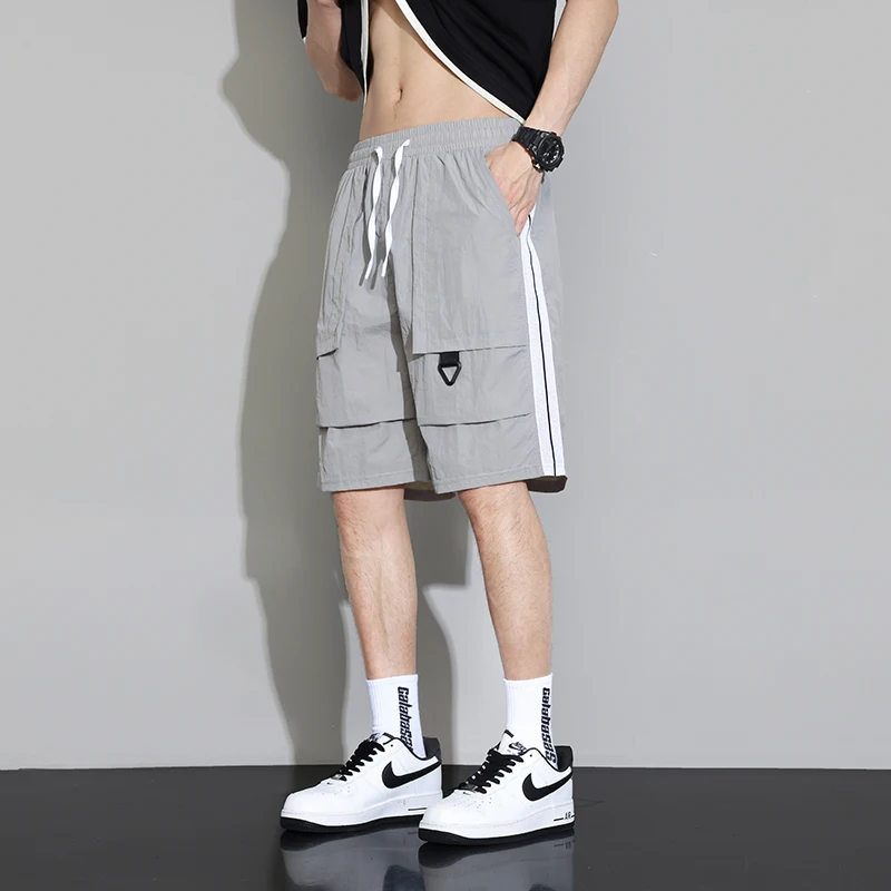 Summer Striped Solid Color Pockets Drawstring Elastic High Waisted Loose Men\'s Clothing Sweatpants Straight Knee England Shorts