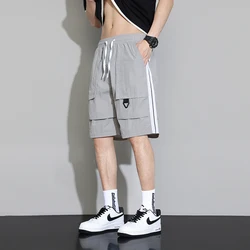 Summer Striped Solid Color Pockets Drawstring Elastic High Waisted Loose Men's Clothing Sweatpants Straight Knee England Shorts