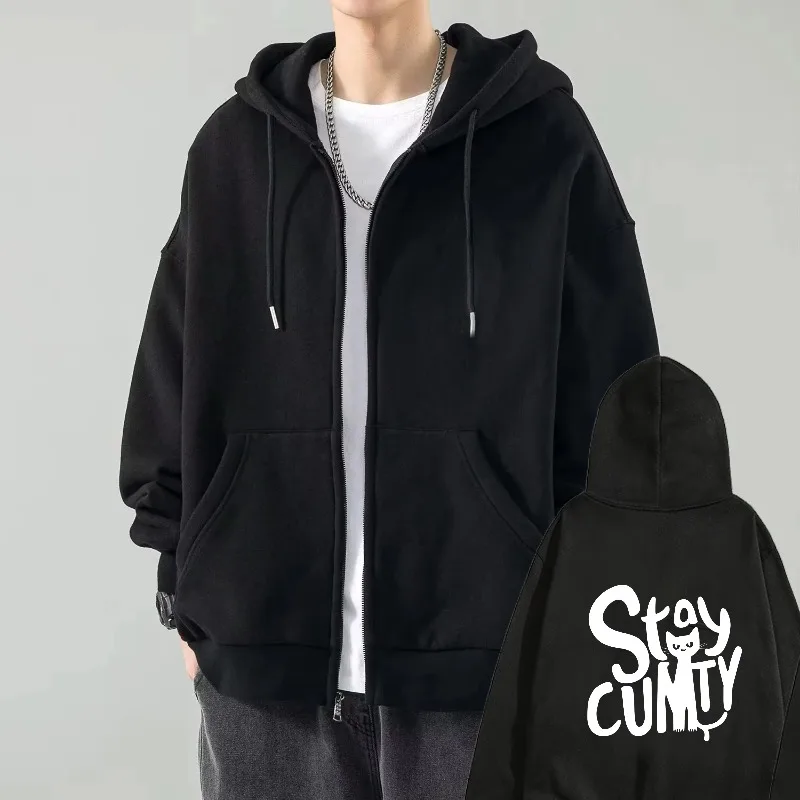 

Men's Hooded Jacket Black Stay Cunty Printed Text Design Casual Streetwear Hoodie for Daily Wear and Outdoors