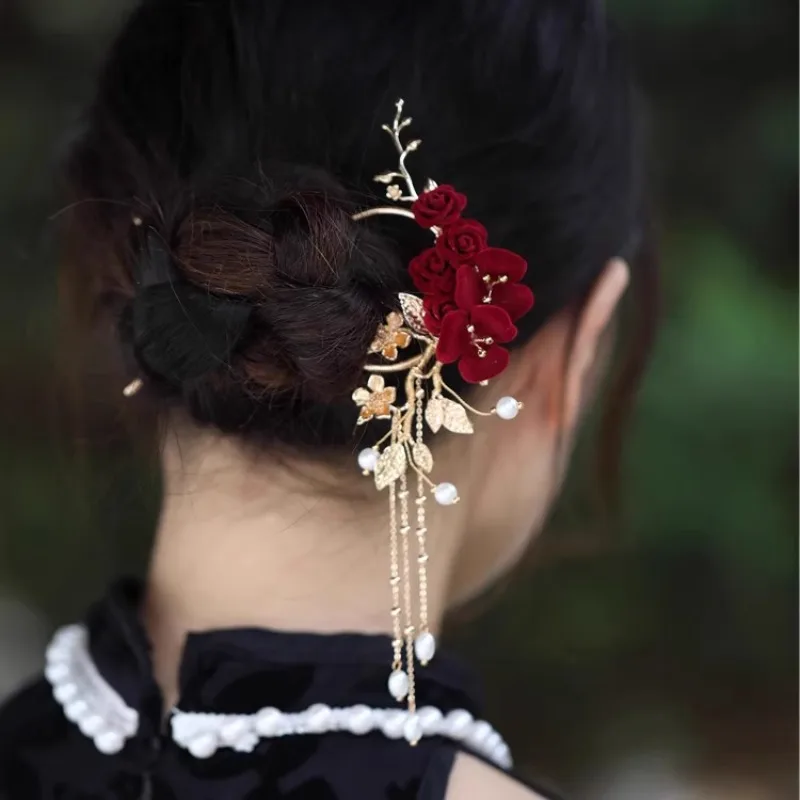 Épingle à cheveux en forme de U, coiffure Xiuhe rouge, épingle à cheveux en forme de disque de mariée classique chinois