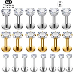 10/1pcs G23 Titanium internal Thread Labret Ear Studs Piercing Jewelry Heart CZ Helix Tragus Nose Earrings for Women Lip Stud