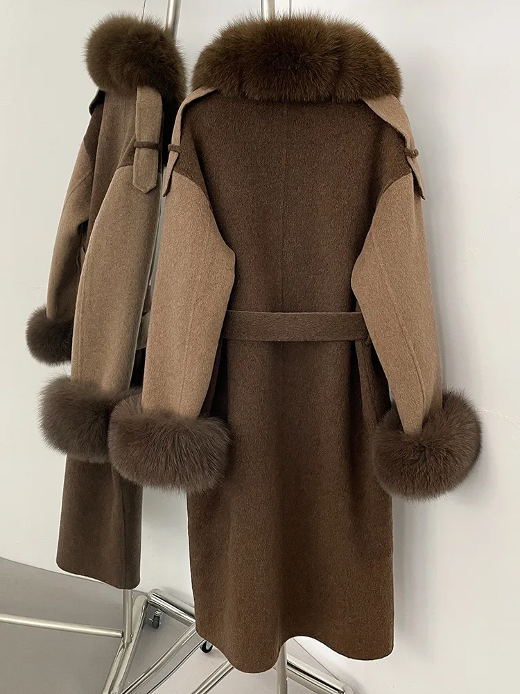 ZMEENNA Womens Elegant Two Tone Wool Blend Long Coat Faux Fur Collar และ Cuffs Tie เข็มขัดฤดูหนาว Outerwear ZM3644