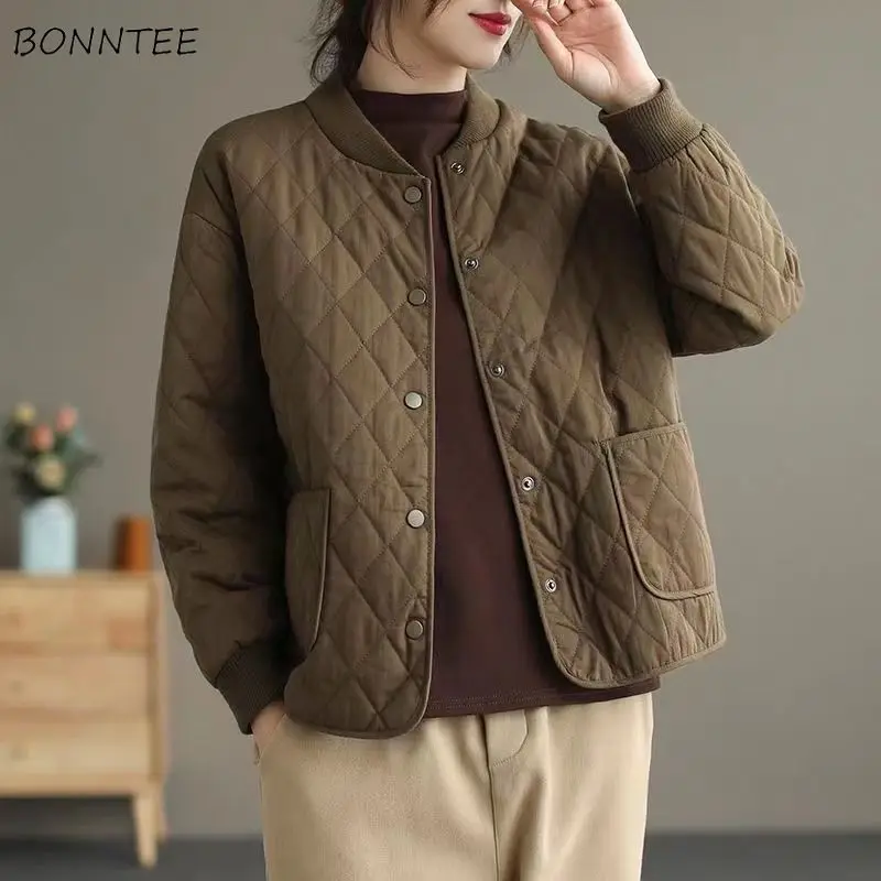 

O-neck Short Style Parkas Single Breasted Plaid Pockets Leisure Warm Korean Ladies Autumn Coat All-match Winter Outwear