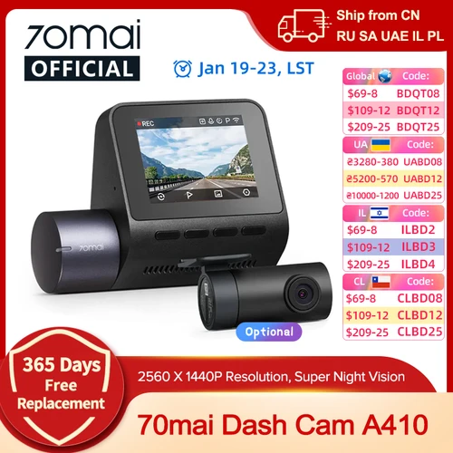 70mai Dash Cam A410 Delantero 1440P Trasero 1080P Coche DVR Actualizado Ver. de 70mai A400 Grabadora para automóvil Modo de estacionamiento 24H Soporte Máximo 256 GB