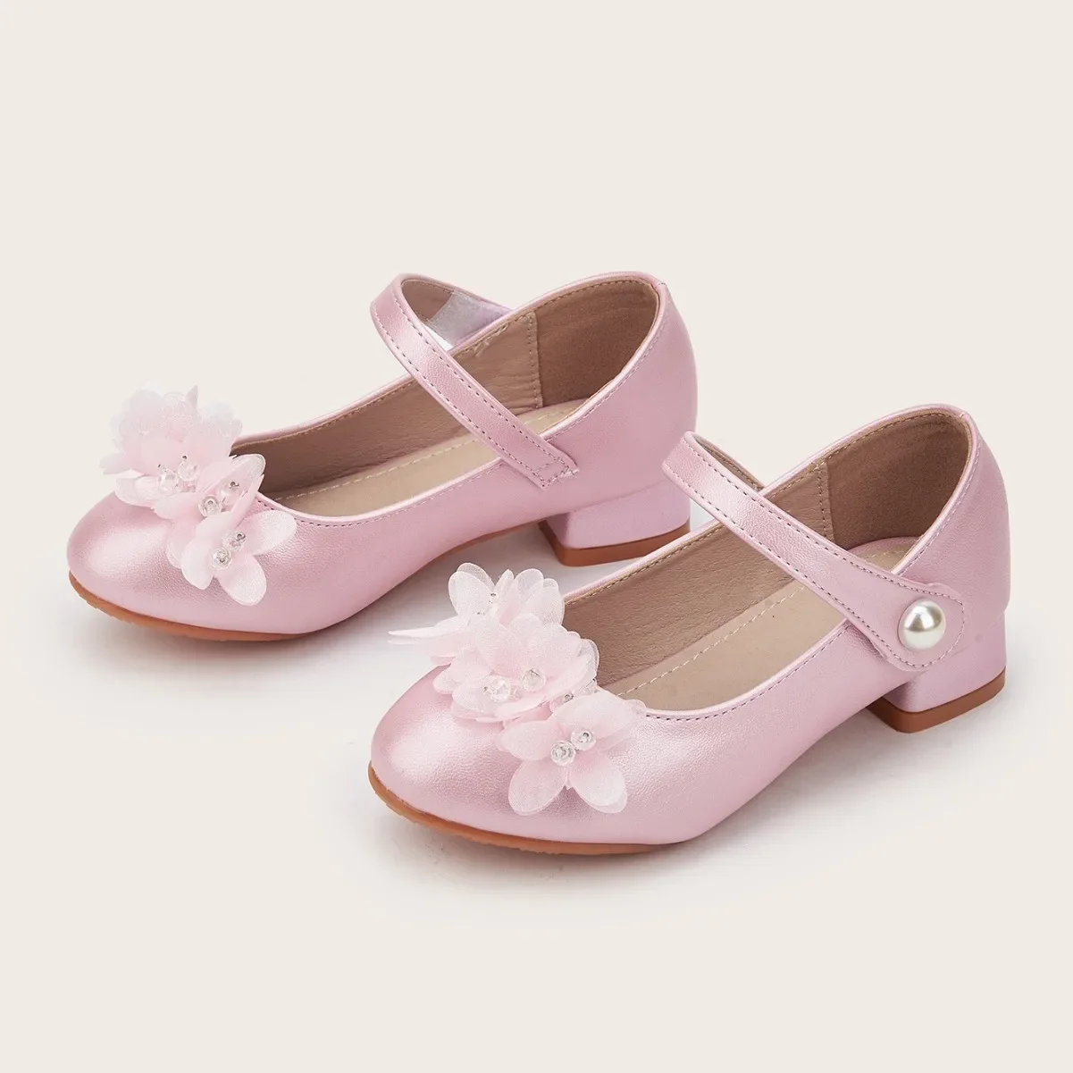 2026 New Girls Rhinestone Flower Princess High Heel Leather Shoes Soft Sole Anti-slip Breathable Fashion Footwear for Kids Party