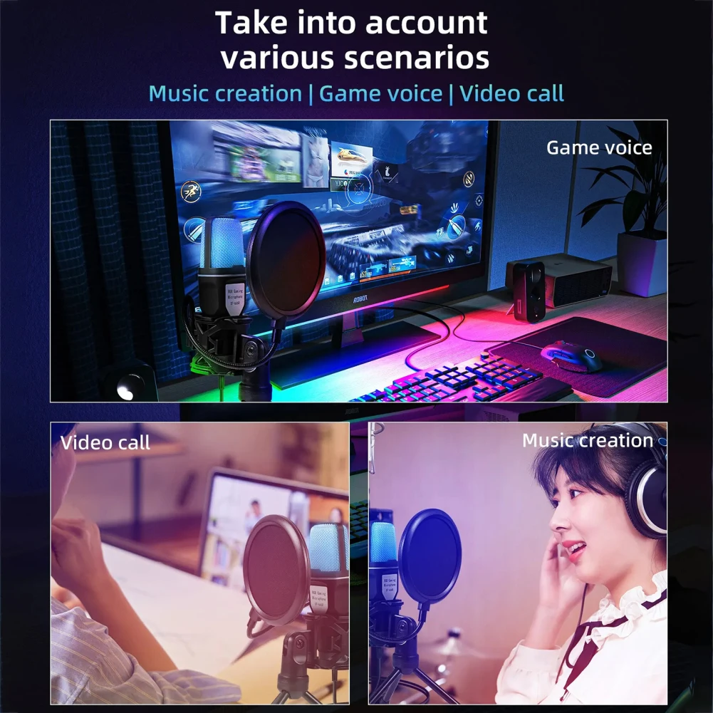 SF666R USB Wired Microphone Noise Reduction RGB Condensador Mic For Interview Vlogging Video Recording Podcast Mic With Stand