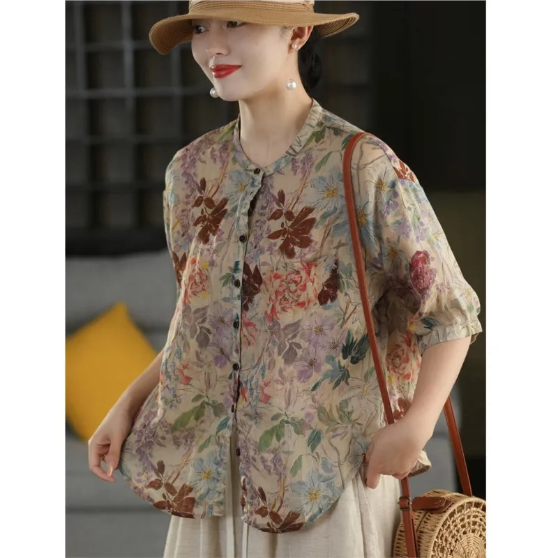 Johnature Women Vintage Ramie Shirts And Tops 2026 Summer Chinese Style Print Floral Blouses Button O-Neck Short Sleeve Shirts