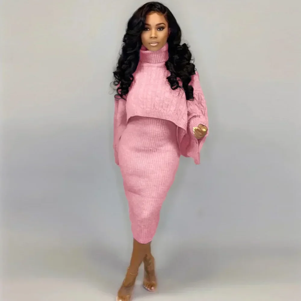 

Women Knit Two Piece Sets High Neck Knitted Pullover Cloak Sweater & Spaghetti Strap Bodycon Dress Spring Fall Chic Suit Outfits