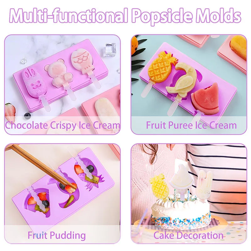 Animals Popsicles Molds with 50 pcs Wooden Popsicles Sticks Silicone Ice Pop Molds for Making Cake Pops Ice Cream - BPA Free