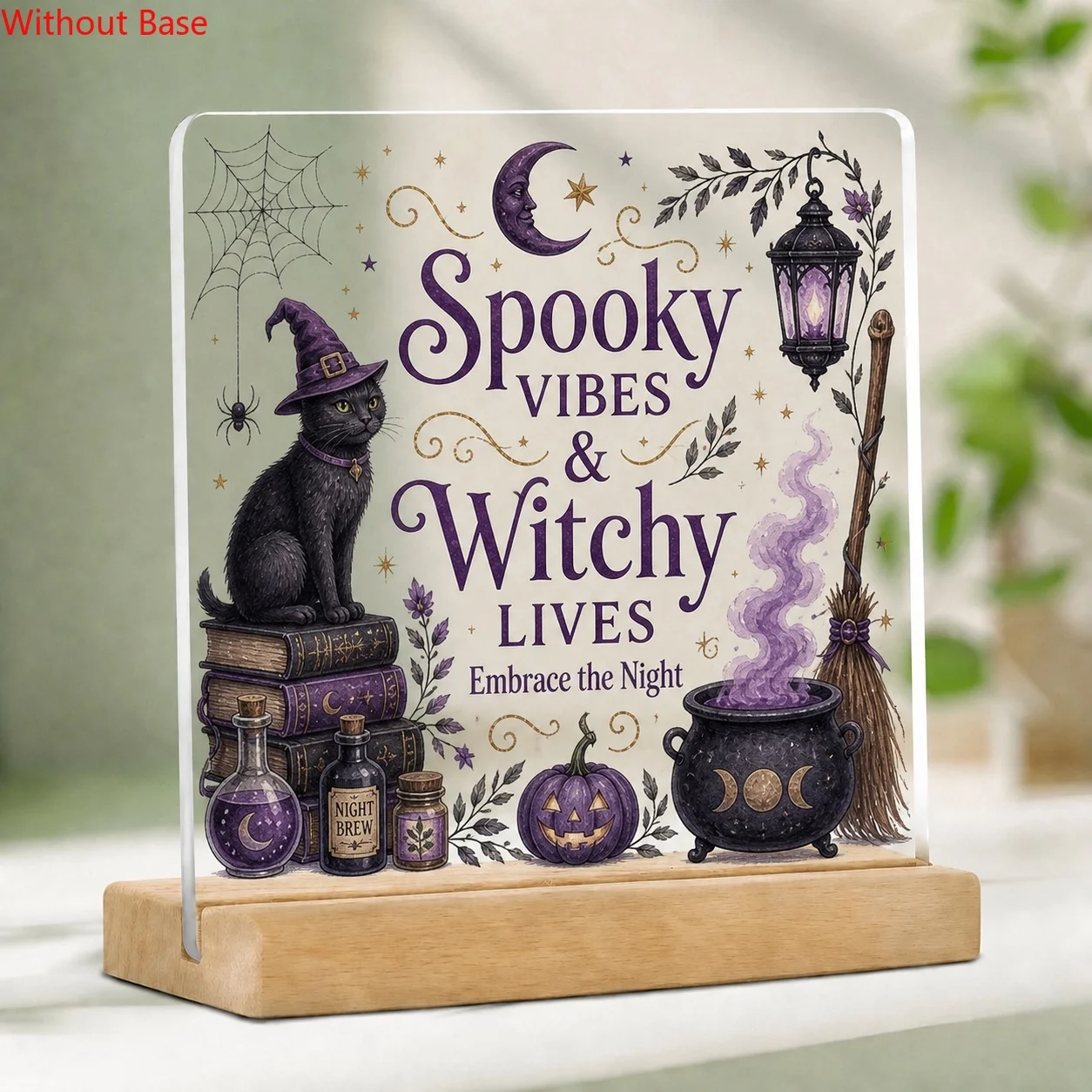 CIFBUY Acrylic Sign 2D Flat Black Cat Witch Pumpkin Cauldron Illustration Retro Dark Style Wooden Base Desktop Plaque Home Decor