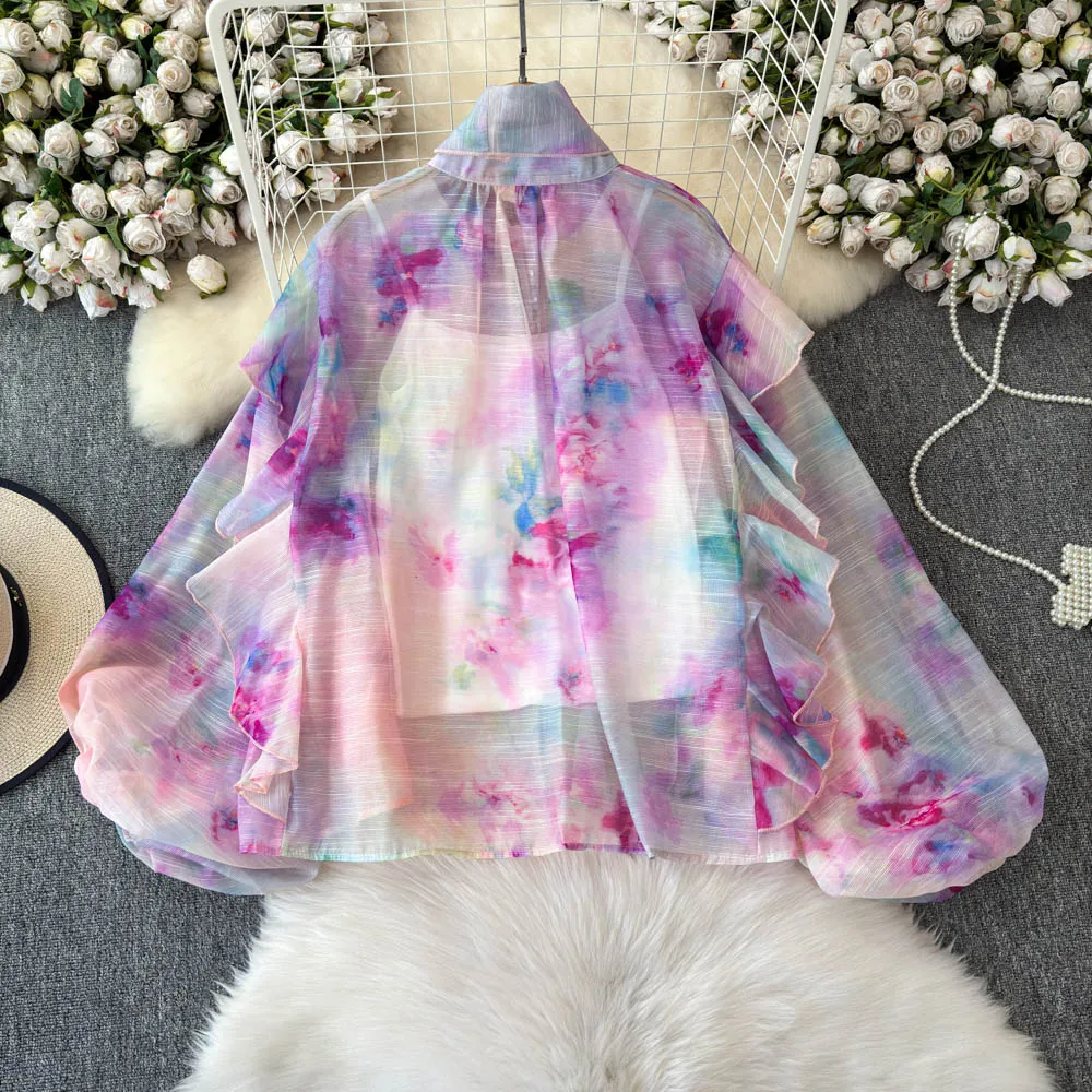 빈티지 블라우스 쉬폰 느슨한 타이 염색 프릴 긴 소매 슬림 우아한 패션 여성 hotsweet 셔츠 여성 의류