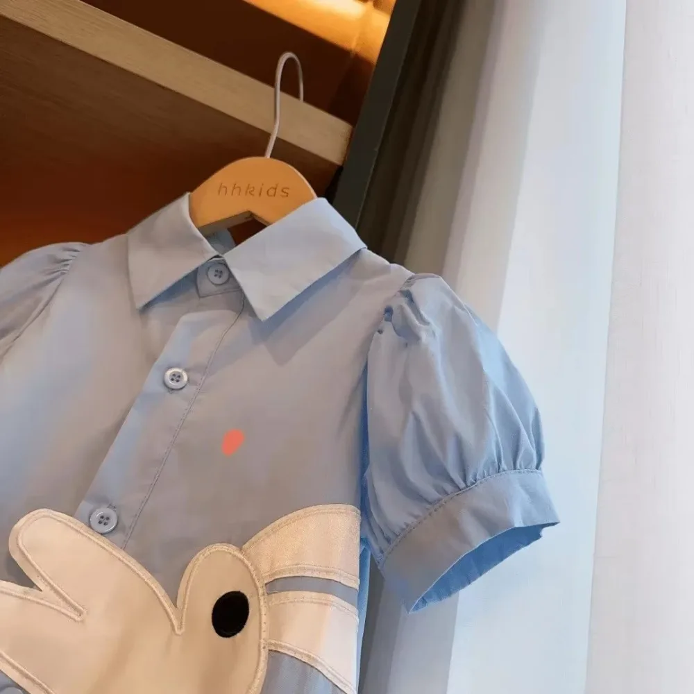 Baby Girls Dresses Kids Short Sleeved Cartoon Dress Toddler Blue Costume 2025 Summer 1 To 8Yrs Children\'s Korean Style Clothing