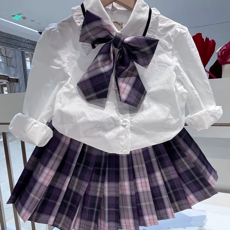 سانريو كورومي الكرتون الفتيات Jk دعوى الربيع لطيف المألوف نمط Preppy ثلاث قطع دعوى سترة محبوك سترة مطوي تنورة جديد