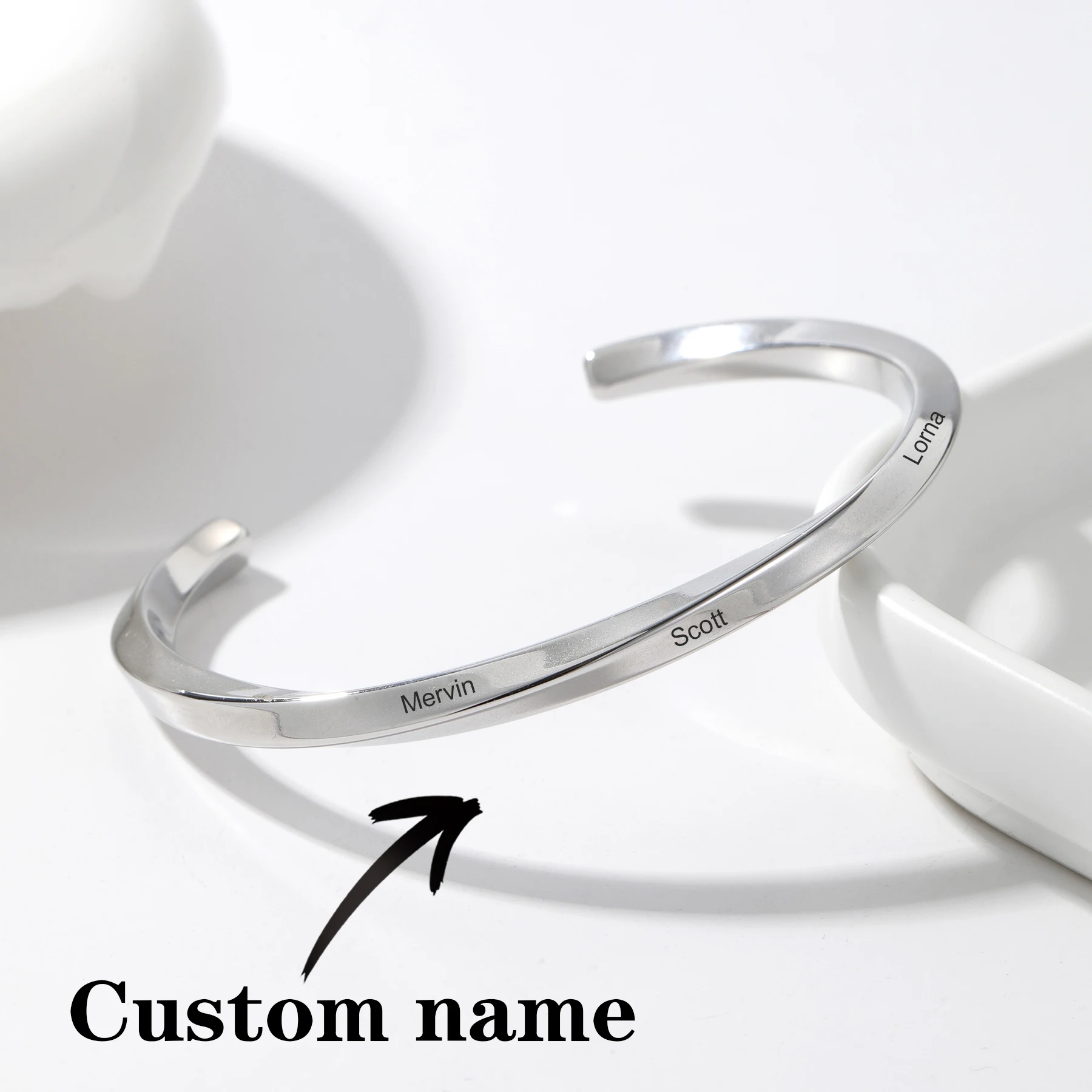 

Custom Multi Name Bracelet Silver Plated Open Cuff Stainless Steel Personalized Engraved Jewelry Gift For Family Friends Loved