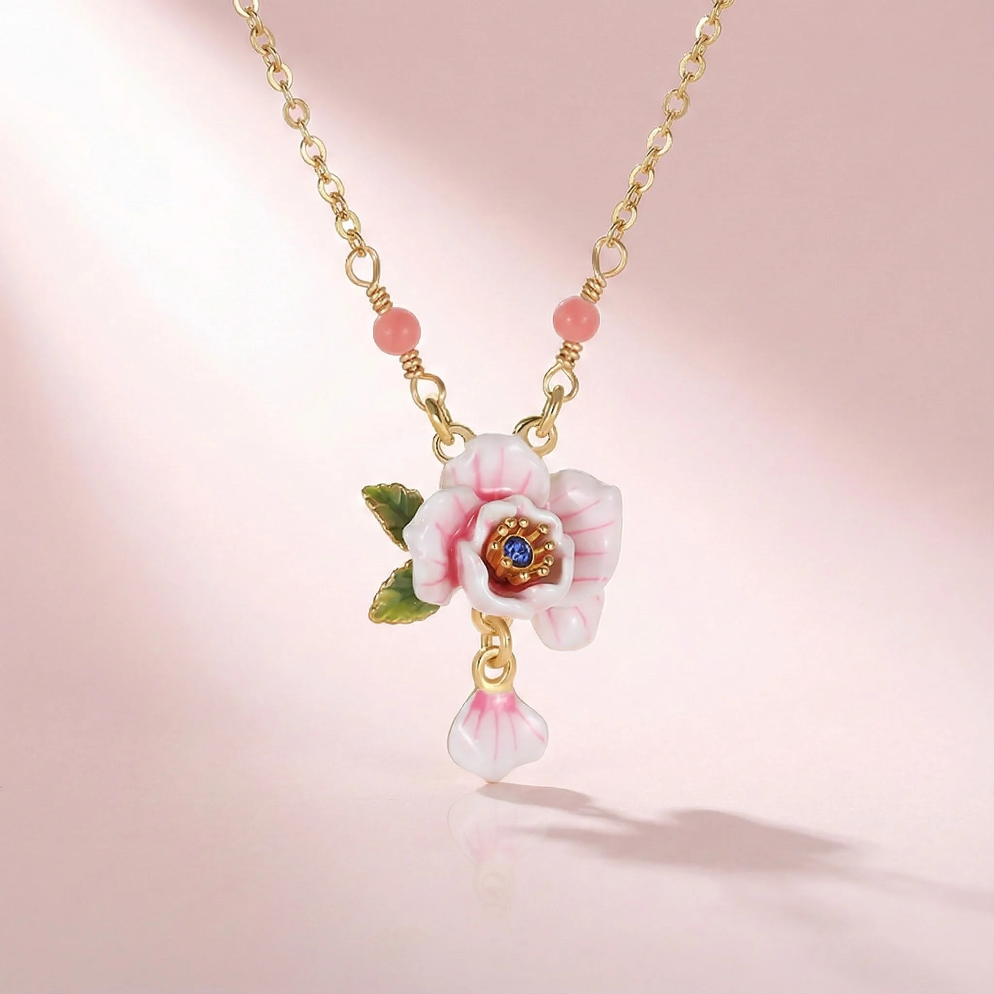 Juicy Grape Pink Rose Necklace 18K Gold Plated Enamel Floral Jewelry, friendship gifts for women gold floral necklace