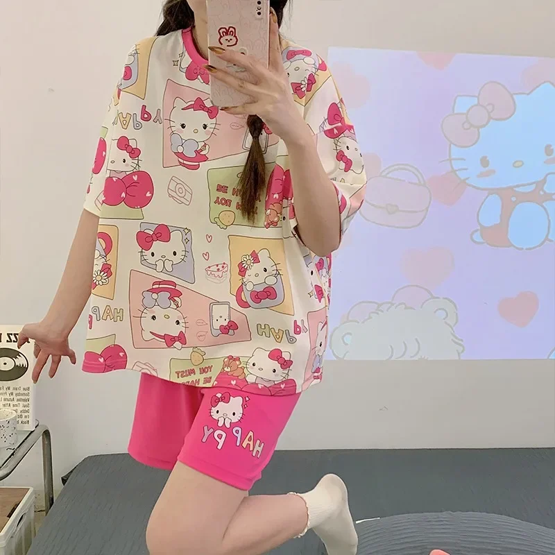 

Летние розовые хлопковые свободные женские пижамы Hello Kitty, комплект из двух предметов, шорты с короткими рукавами, женская домашняя одежда с рисунком Hello Kitty