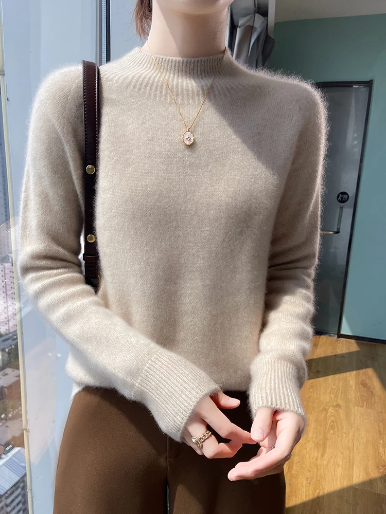 

Versatile Autumn Winter Sweater Women Basic 100% Cashmere Sweater Pullover Half High Collar Warm Clothes Daily Inside Join Knit