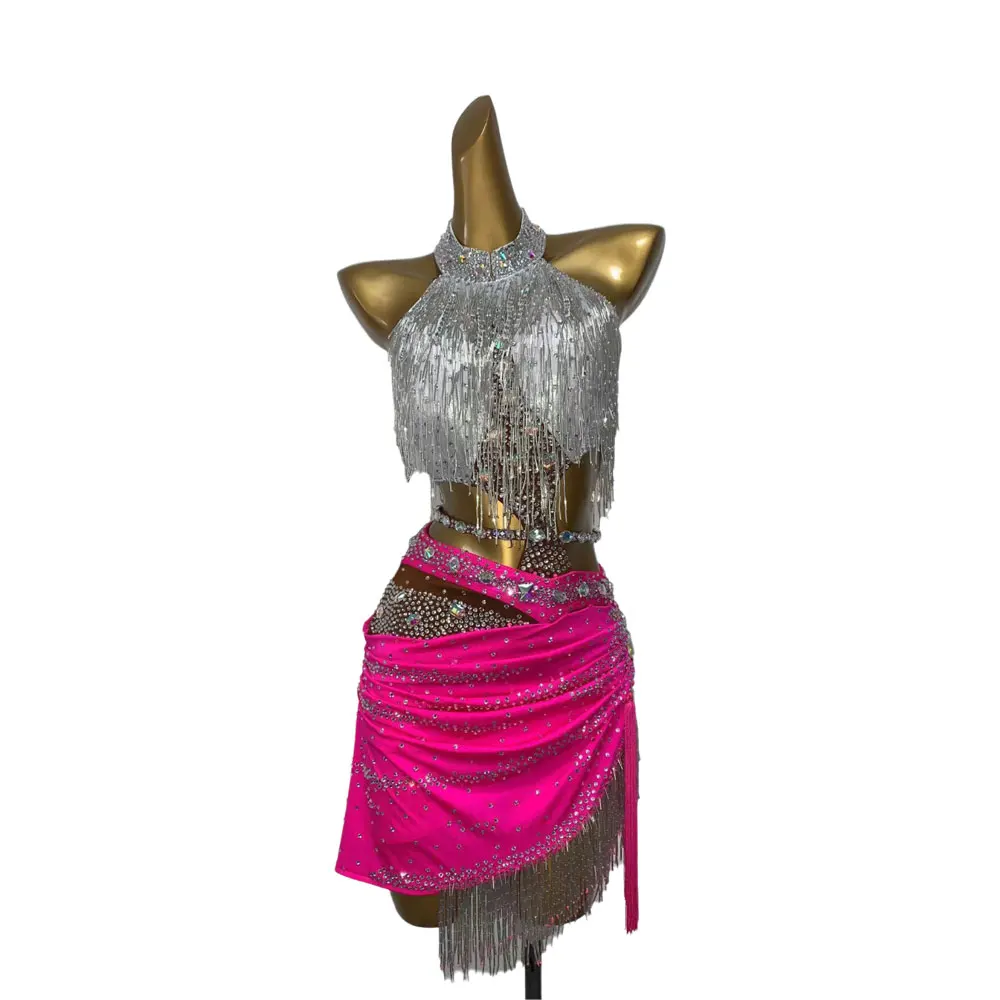 تنورة رقص لاتينية للسيدات راقية مخصصة بلونين، فستان أداء ماسي، فستان أسود لحمام السباحة