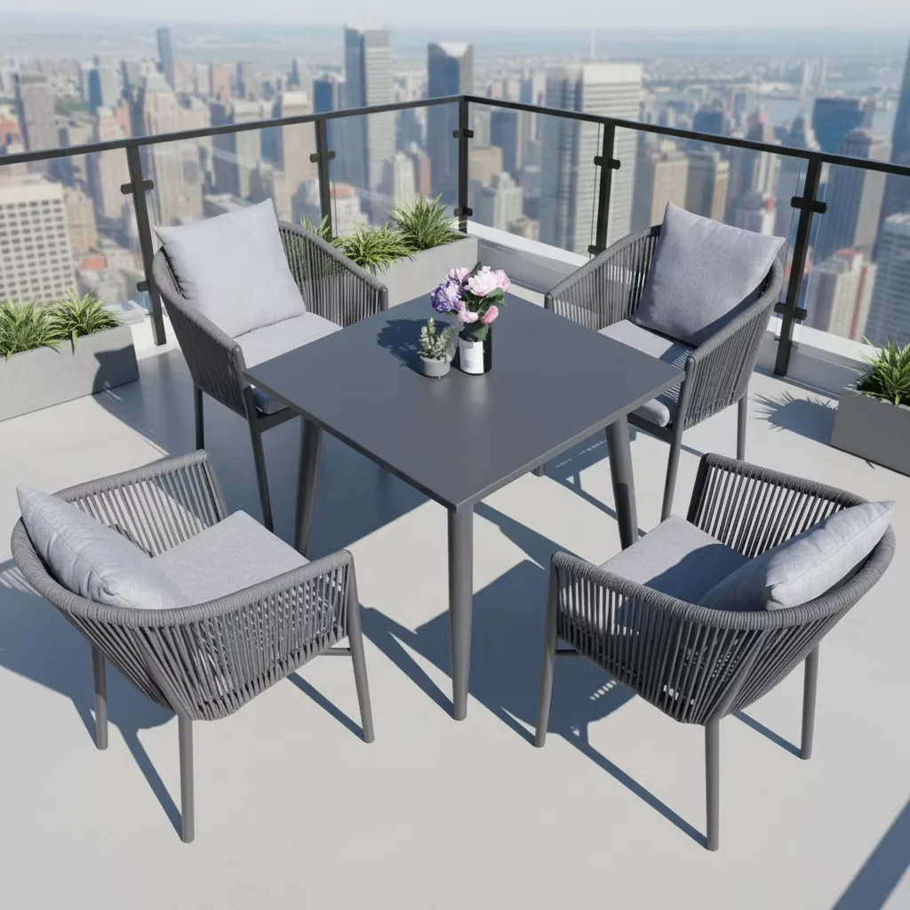 

# Садовый обеденный стол и стулья из веревки, комплект уличной мебели