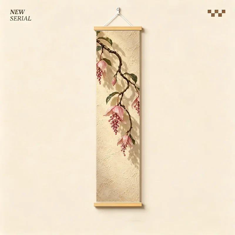 Wall Decor Medinilla and Deutzia, Serene Wabi-Sabi Botanical Silver Shimmer Canvas Hanging Scroll for Tea Room Home Decor