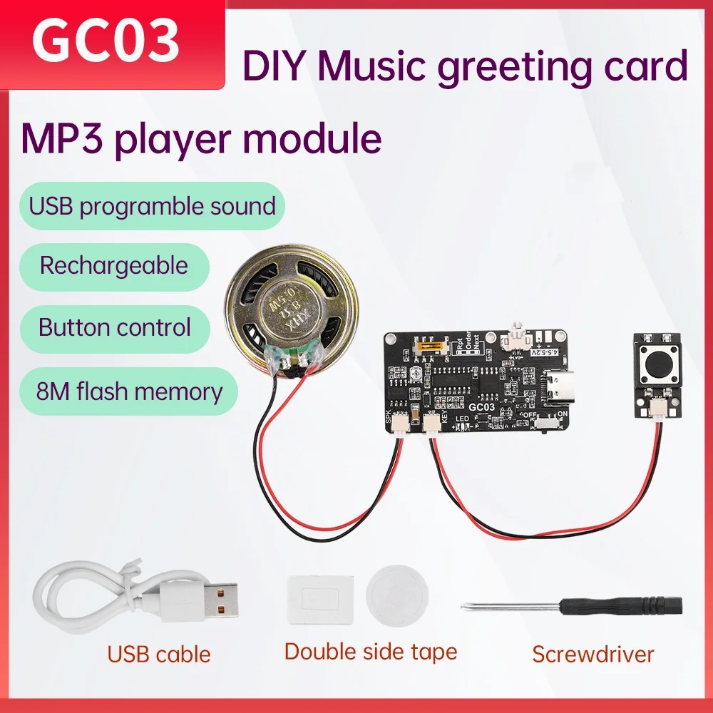 GC03 Recording Card Movement Creative Gift Box Christmas Birthday Card Music Cover MP3 Download Voice Module TYPE-C with Speaker