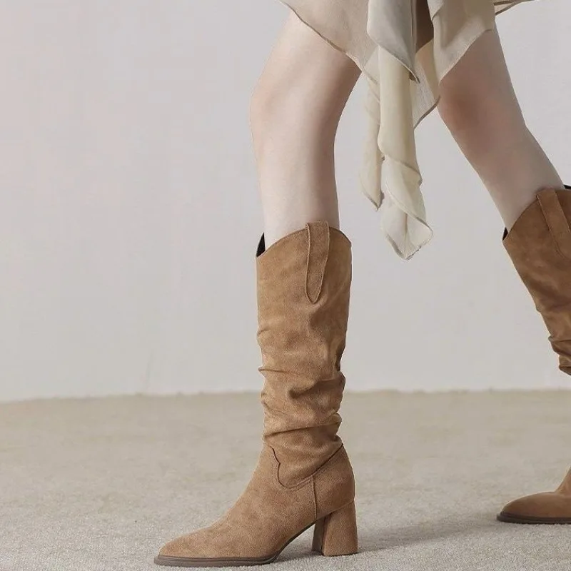High Heels Pointed Toe Women Long Boots Fashion Suede 2026 Winter Shoes New Trends Knee Boots Designer Elegant Zapatillas Mujer
