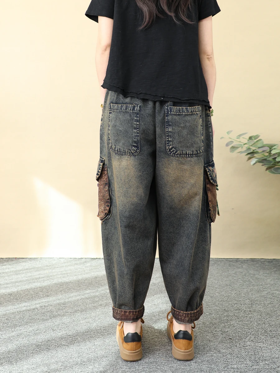 Pantalones vaqueros bordados con parche de bolsillo estampado de estilo étnico Vintage para mujer pantalones bombachos recortados bordados sueltos primavera