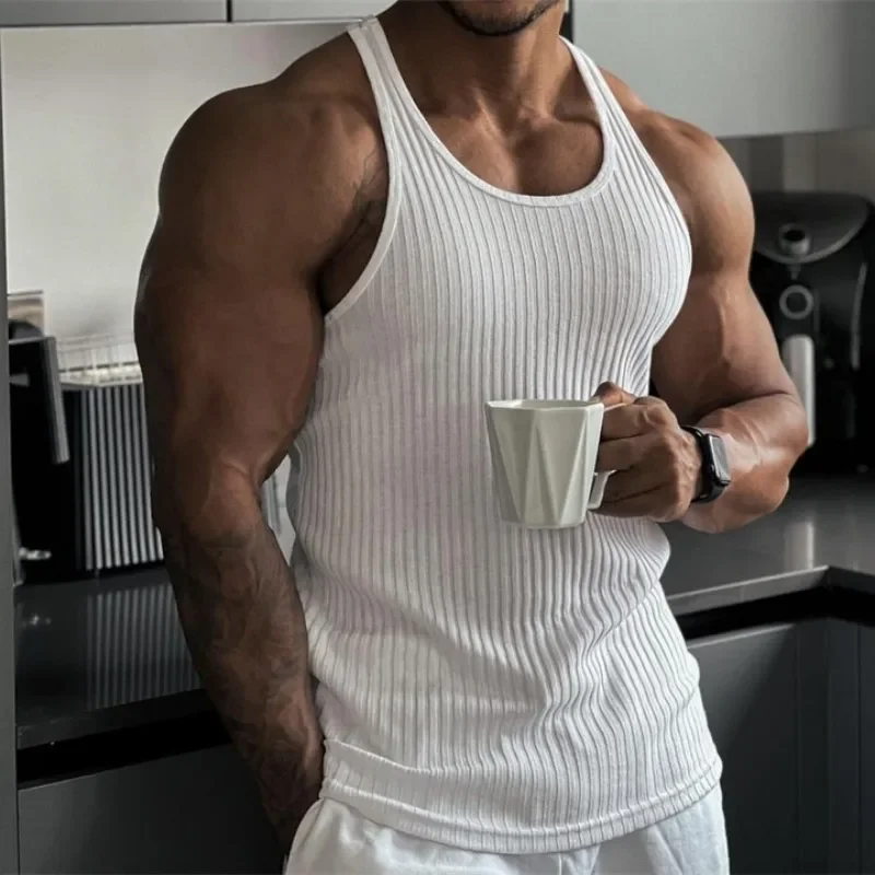2025 Chaleco de verano para hombre, camiseta sin mangas a rayas para gimnasio, camiseta sin mangas para Fitness, chaleco deportivo para ejercicio masculino, camiseta interior, ropa de culturismo