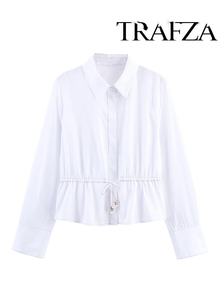 

HH Женская модная универсальная однотонная рубашка из поплина с отделкой, женская однобортная рубашка с лацканами и шнурком на талии, с длинным рукавом