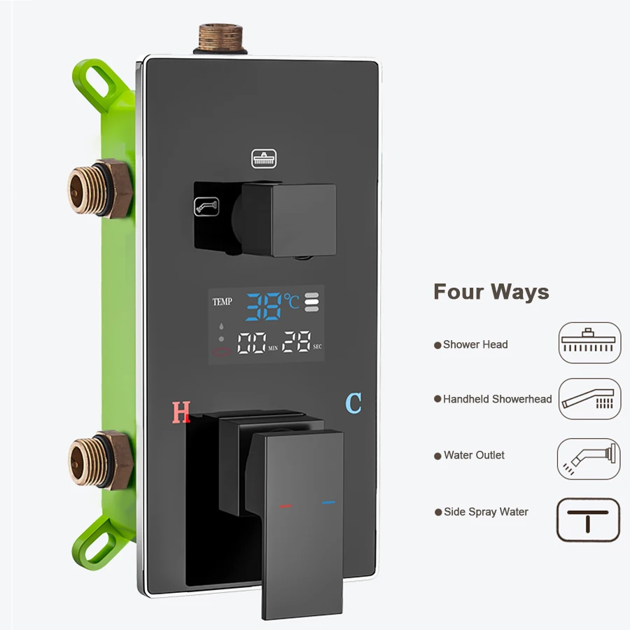 Digitale wandgemonteerde douchemengkraan 2/3-weg zwart/chroom met display High Tech waterregeling voor bad en douche