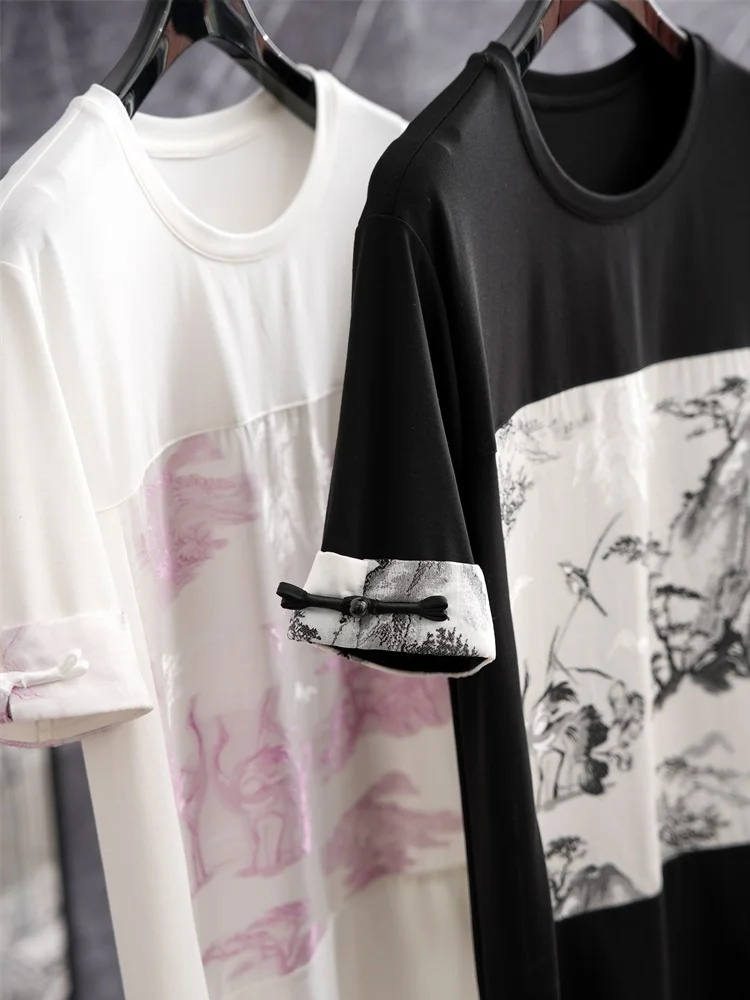 

Женская футболка Ele Chinese Sle ort Sve с принтом, атласным узором, цветочным дизайном и элементами пэчворка, хлопковая, для повседневной носки.