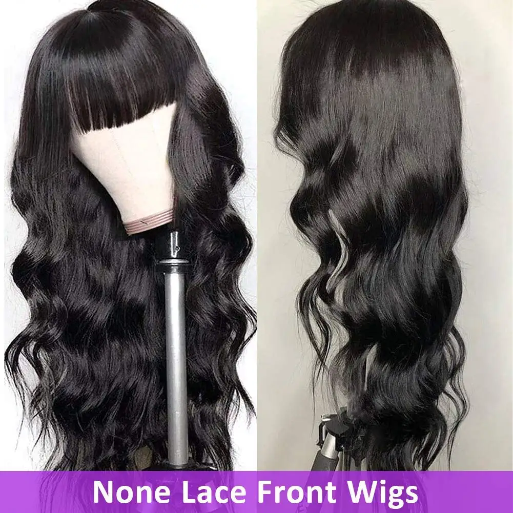 Wig rambut manusia, gelombang tubuh, dengan poni, tidak ada renda depan, mesin penuh buatan keriting, Wig longgar, gelombang air, Wig tanpa lem, siap dipakai