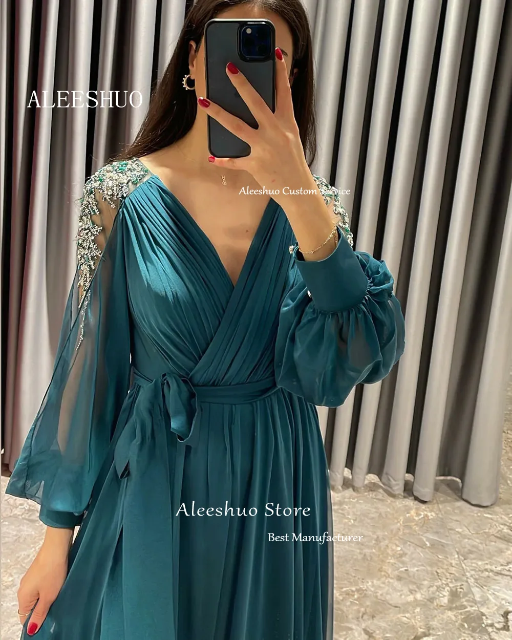 Aleeshuo gaun pesta Prom, gaun malam Formal leher V lengan panjang sifon manik-manik hijau