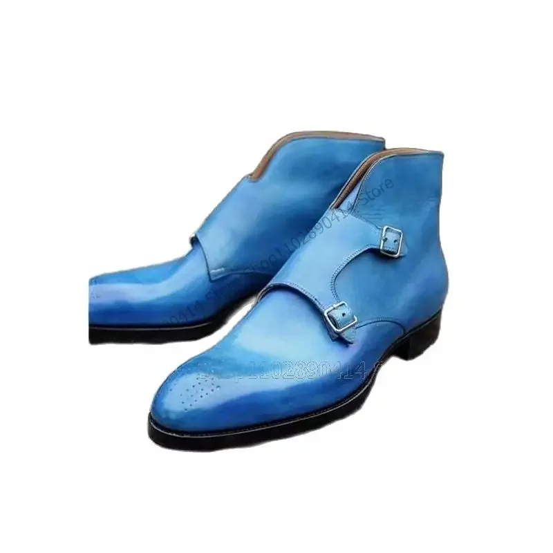 

Blue Buckle Decor Double Monk Ankle Boots Fashion Comfort Slip On Men Shoes Luxury Handmade Party Feast Banquet Men Dress Shoes